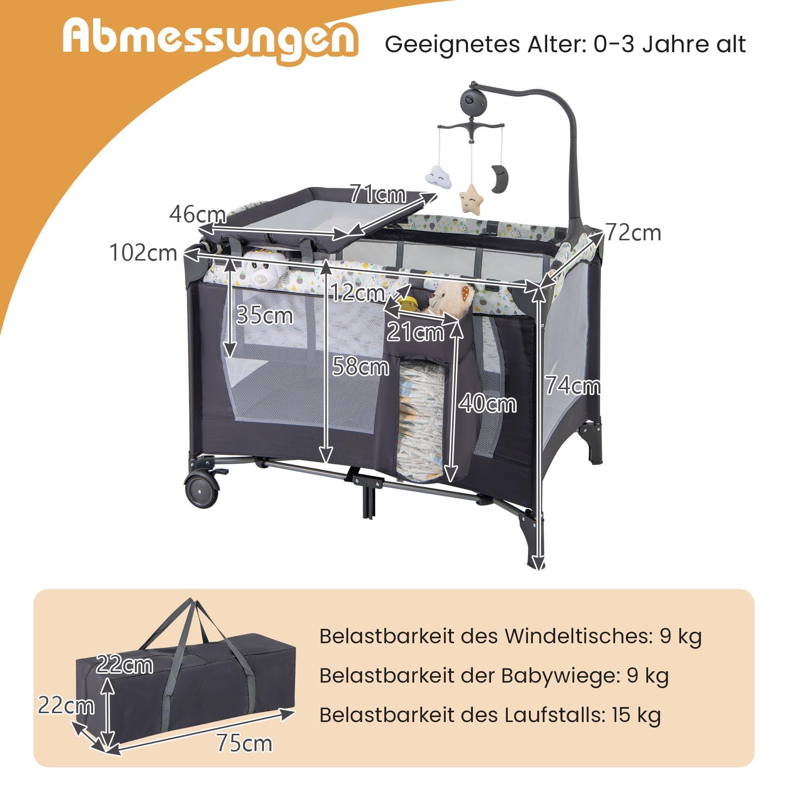 COSTWAY 3 in 1 Beistellbett klappbar, Reisebett mit Matratze, Hängespielzeug, Spieluhr, Wickeltisch & Tragetasche, 2 Ebene Babybett mit Rollen für Baby bis 36 Monaten (Beige)