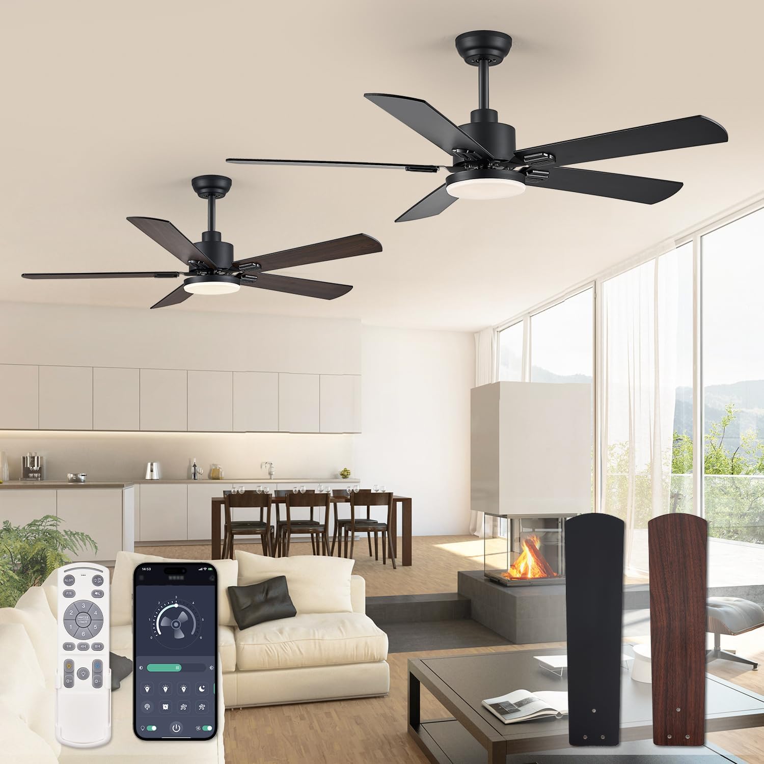ZMISHIBO 2 Pack 52" Ceiling Fans with Lights, Black Modern Ceiling Fan with Remote, Farmhouse Indoor Ceiling Fan with Dual Finish Blades, Quiet & Strong Motor, Bright LED Light.
