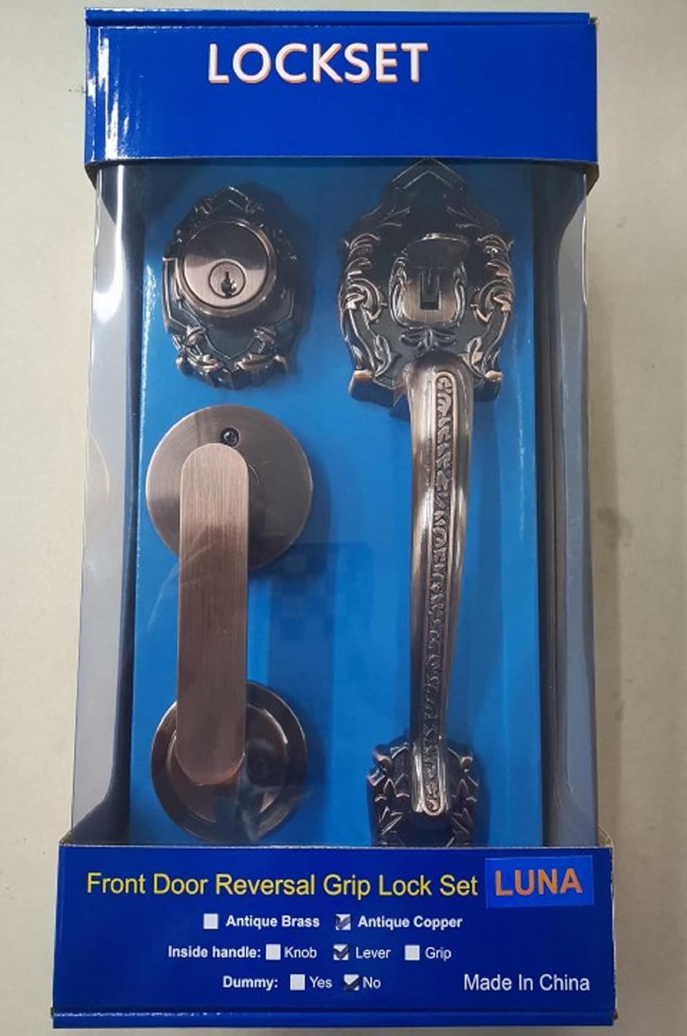 Reversible Front Door Hardware Set Luna with Lever Handle and deadbolt. European Style. Antique Copper.