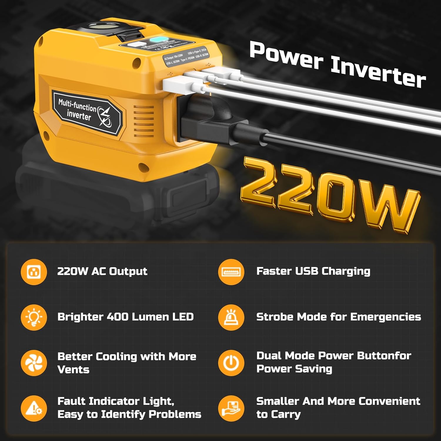 220W Power Inverter Compatible with Dewalt 20V Battery, DC 20V to AC 110V Inverter, Portable Power Station Generator with 1 AC Outlet, 2 USB Ports & 1 Type-C Fast Charging, 400LM LED Work Light - Image 3