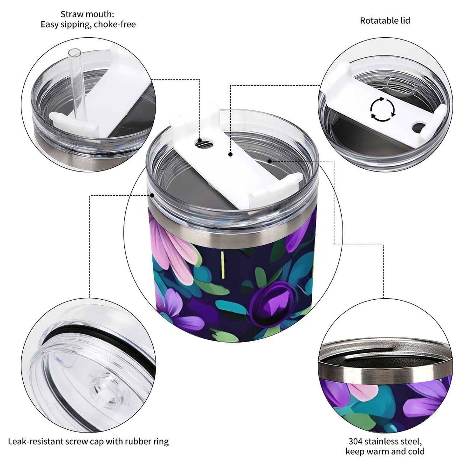 Tazas de camelia morada con popote y asa, taza de café con aislamiento al vacío de doble pared, botellas de agua para café helado, té, bebida caliente y fría