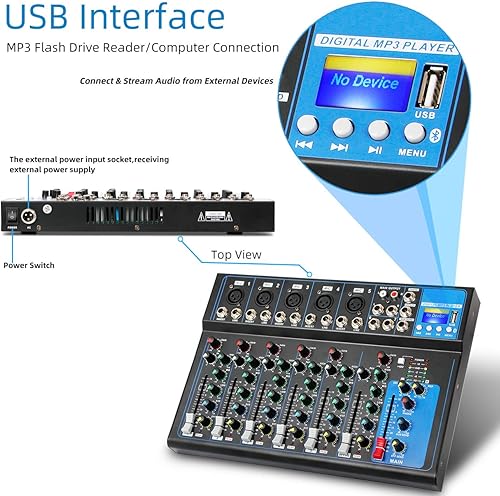 Miniatura 2 de Depusheng HT7 - Mezclador de audio portátil Bluetooth con consola de mezcla de sonido USB DJ conector MP3 de 48 V de alimentación para grabación de