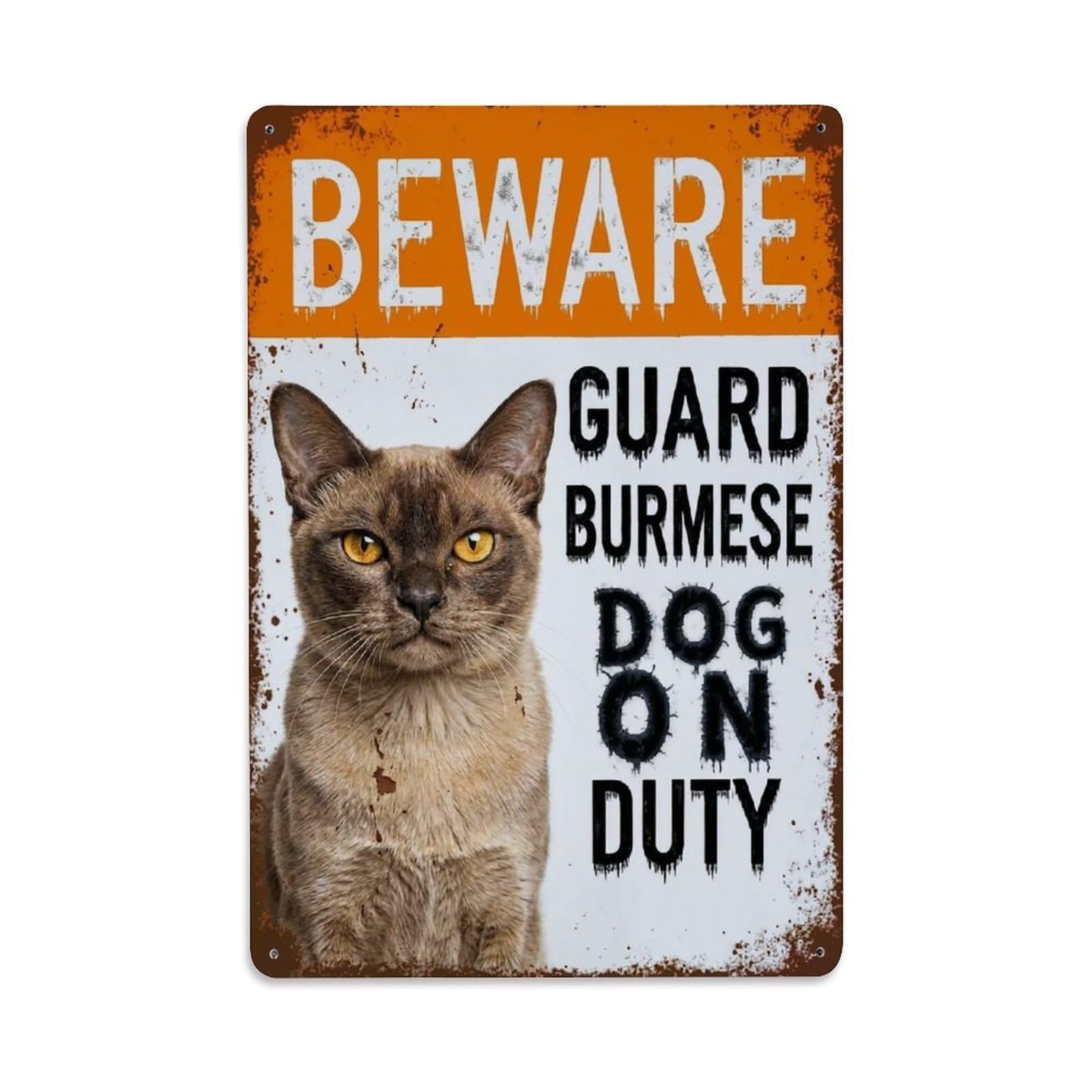 Vintage Funny Burmese Guard Beware of Cat Corner Metal Tin Sign Plaque Wall Decor for Cafe, Club Bar, Office, Garden Metal Poster 8x12Inch