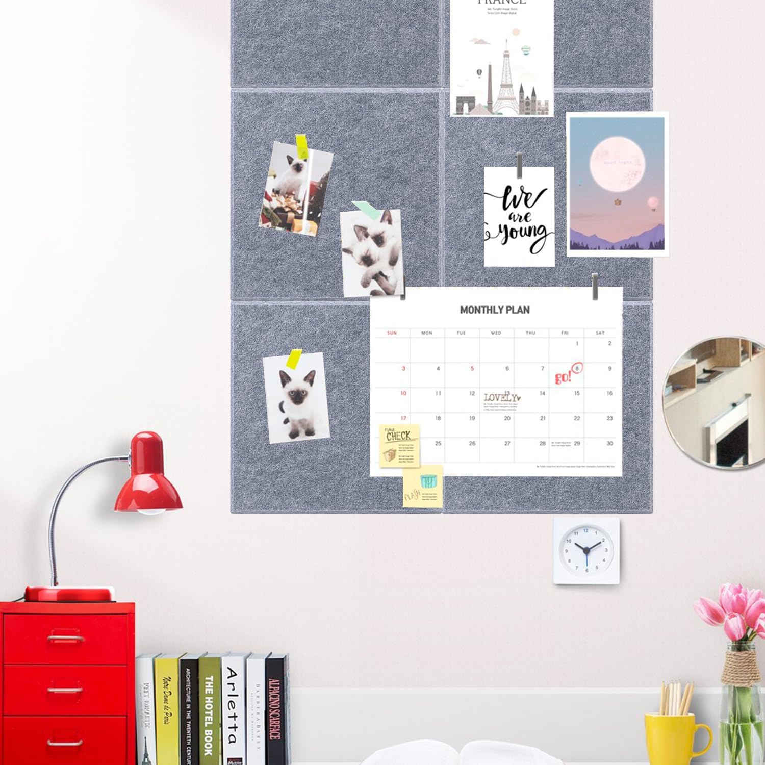 12 Pack 12" x 12" Felt Boards, Grey Square Felt Wall Tiles, Self-Adhesive Cork Bulletin Board for Home, Office, and Kitchen Decor(1/2 Inch Thickness)