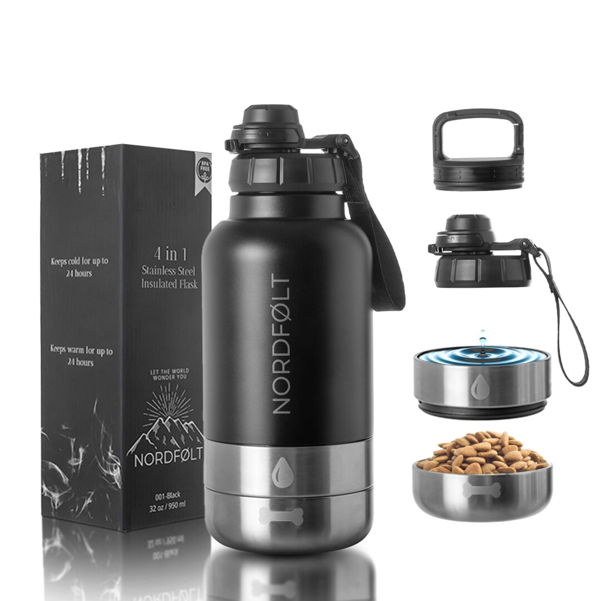 NORDFØLT®Trinkflasche Hunde Für Unterwegs, 4 in 1 Hundetrinkflasche für Unterwegs 950ml, Isolierflasche aus Edelstahl, Hundezubehör für Reise, Trinkflasche Hund mit Wassernapf und Futternapf, BPA-Frei