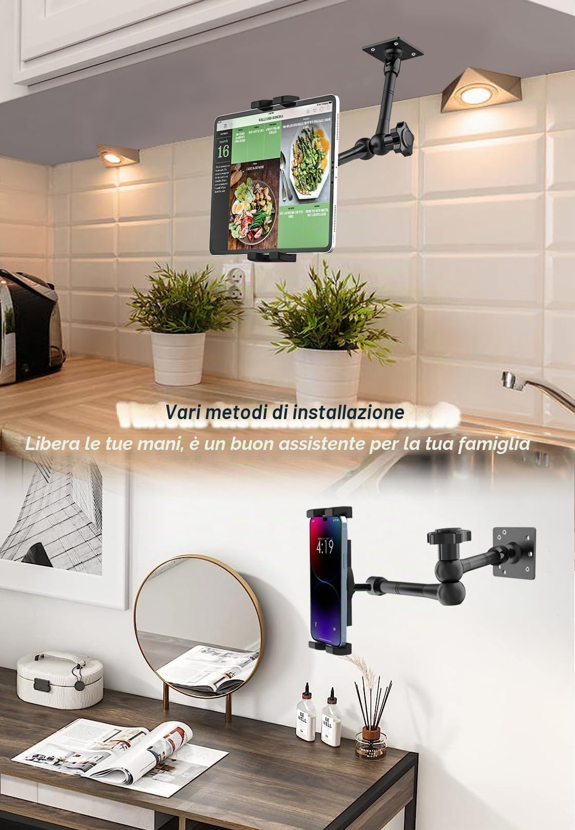 Supporto Tablet Muro Braccio Regolabile, Metallo Porta Parete iPad Girevole | Staffa Muro Braccio Oscillante per iPad Pro Air Mini, Switch, Lenovo, Galaxy Tab, Fire, Telefono (4-13")