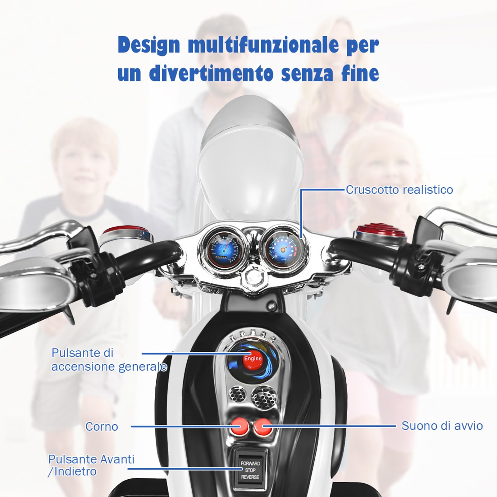 COSTWAY 6V Moto Elettrica per Bambini, Moto Cavalcabile con 3 Ruote e Luci, Avanti e Indietro, 2,5-3 km/h, Ideale per Bambini 3 Anni+, Carico 30kg (Bianco)
