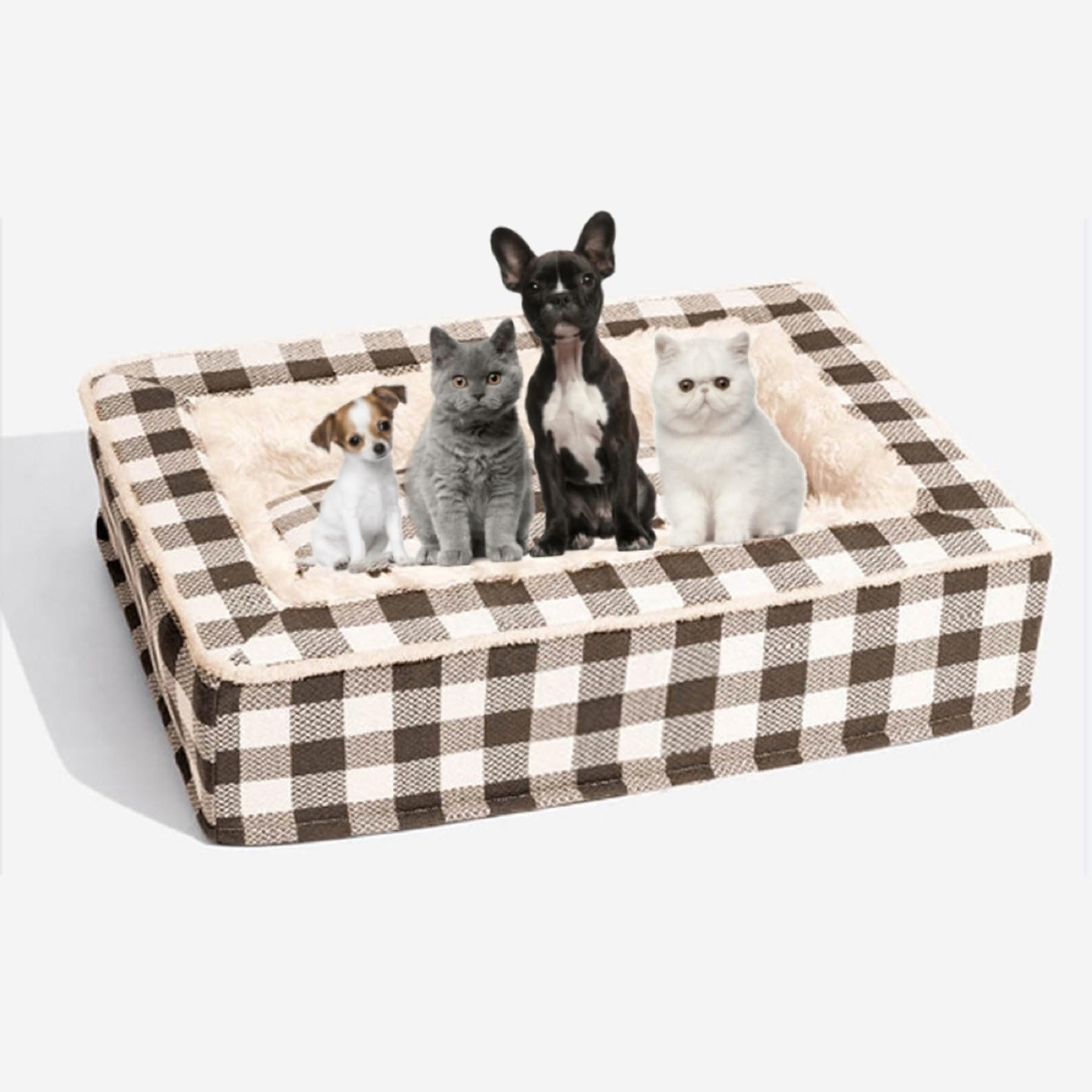 Festive Classic Tartan Cozy Dog Anti-Anxiety Calming Bed, Classic Tartan Pet Bed - Square Dog Beds (Brown, L: 31.5 * 23.62 * 7.87 in)