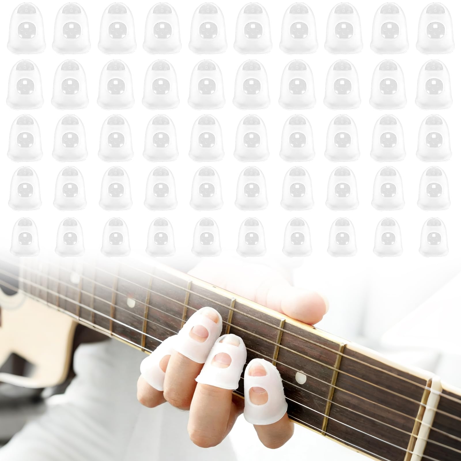 50 Protege Doigts Silicone 5 Tailles Transparent pour Guitare Ukulele et Basse, capuchons doigt respirant anti derapant pour debutants et musiciens, accessoires guitare pratiques