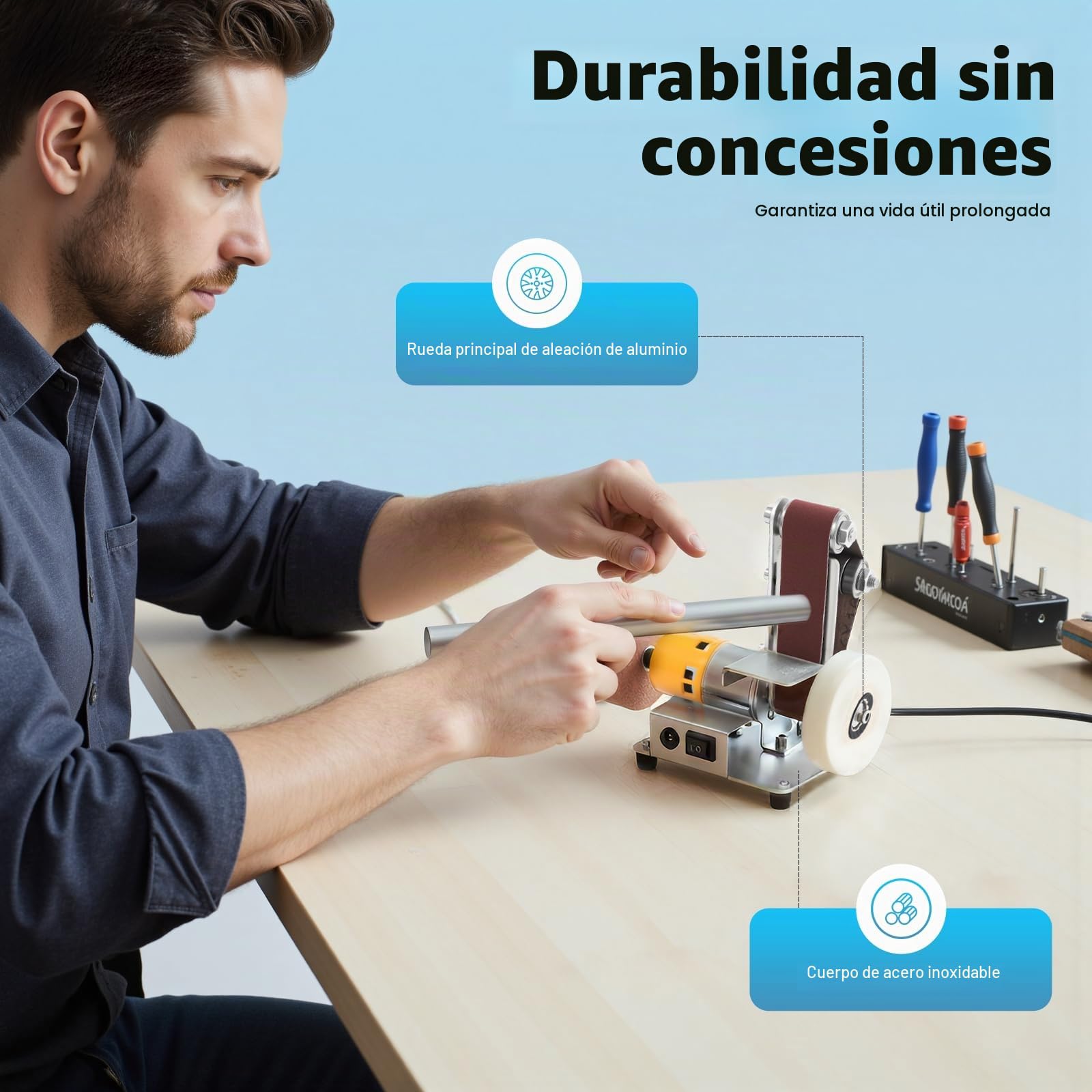 Mini lijadora de banda de 7 velocidades, lijadora eléctrica de cinturón, pulidor para madera, metal, lijadora de mesa portátil, 240V, con banda de lija amarilla, para trabajos de bricolaje en madera