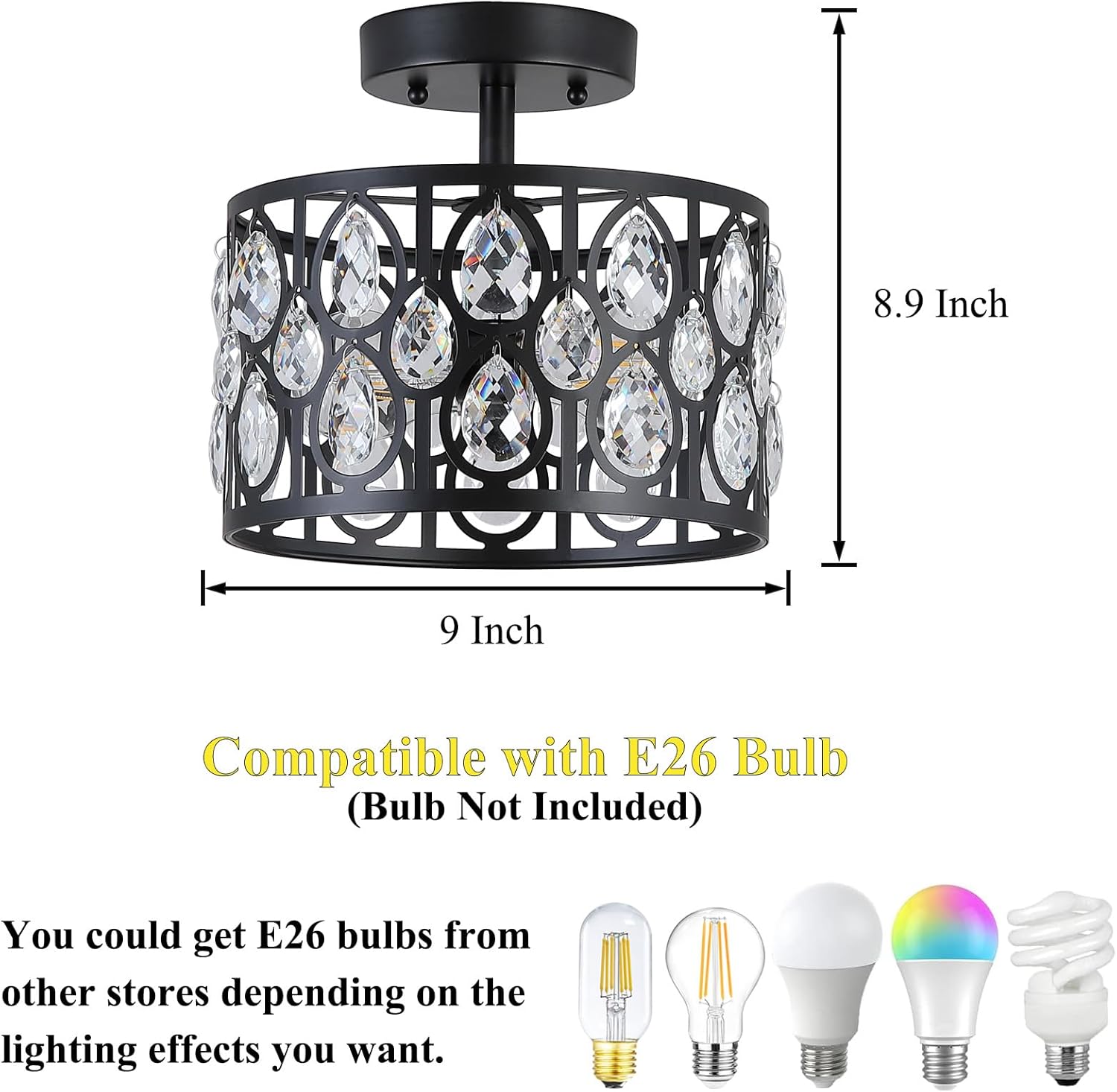 9 Inch Crystal Black Semi Flush Mount Ceiling Light,2-Light Modern Farmhouse Ceiling Light Fixture,Round Hallway Lighting Fixtures for Kitchen Entryway Bedroom Laundry
