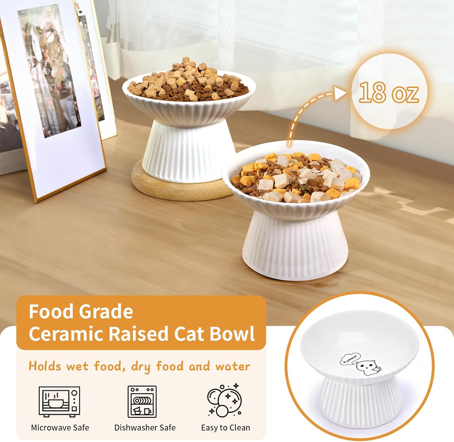 Upgraded 2 Ceramic Elevated Cat Bowls 6.5'' Extra Wide Raised Cat Food Bowls for Food and Water, Anti Vomiting, Cat Dishes for Indoor Cats, Whisker Friendly, Dishwasher & Microwave Safe
