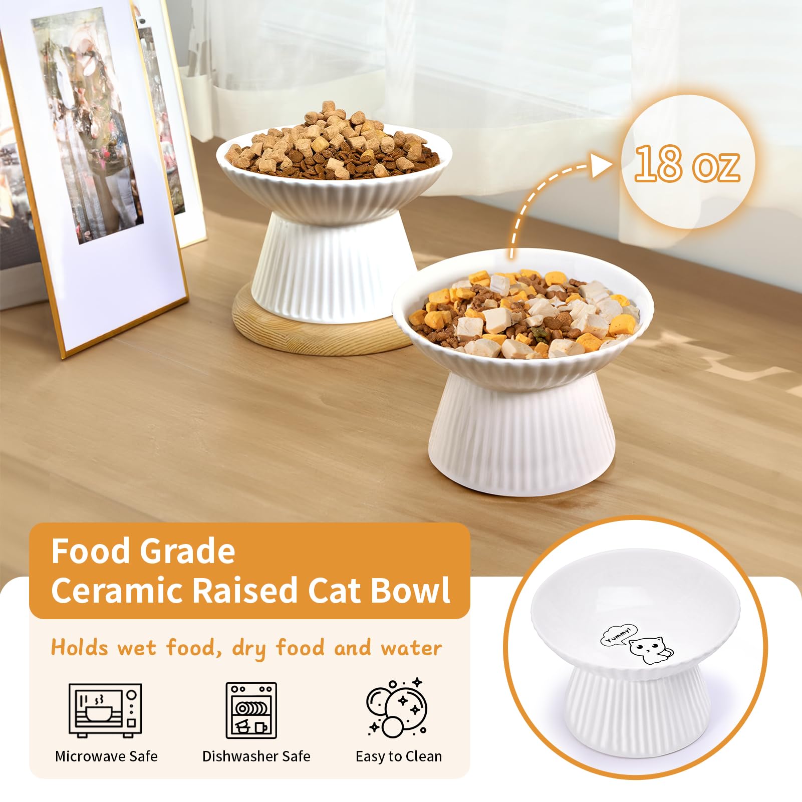 2 ciotole sollevate in ceramica per gatti anti-omito, 6,5 pollici extra larghe per cibo e acqua, piatti per gatti da interno con anello antiscivolo, adatte per baffi, adatte per
