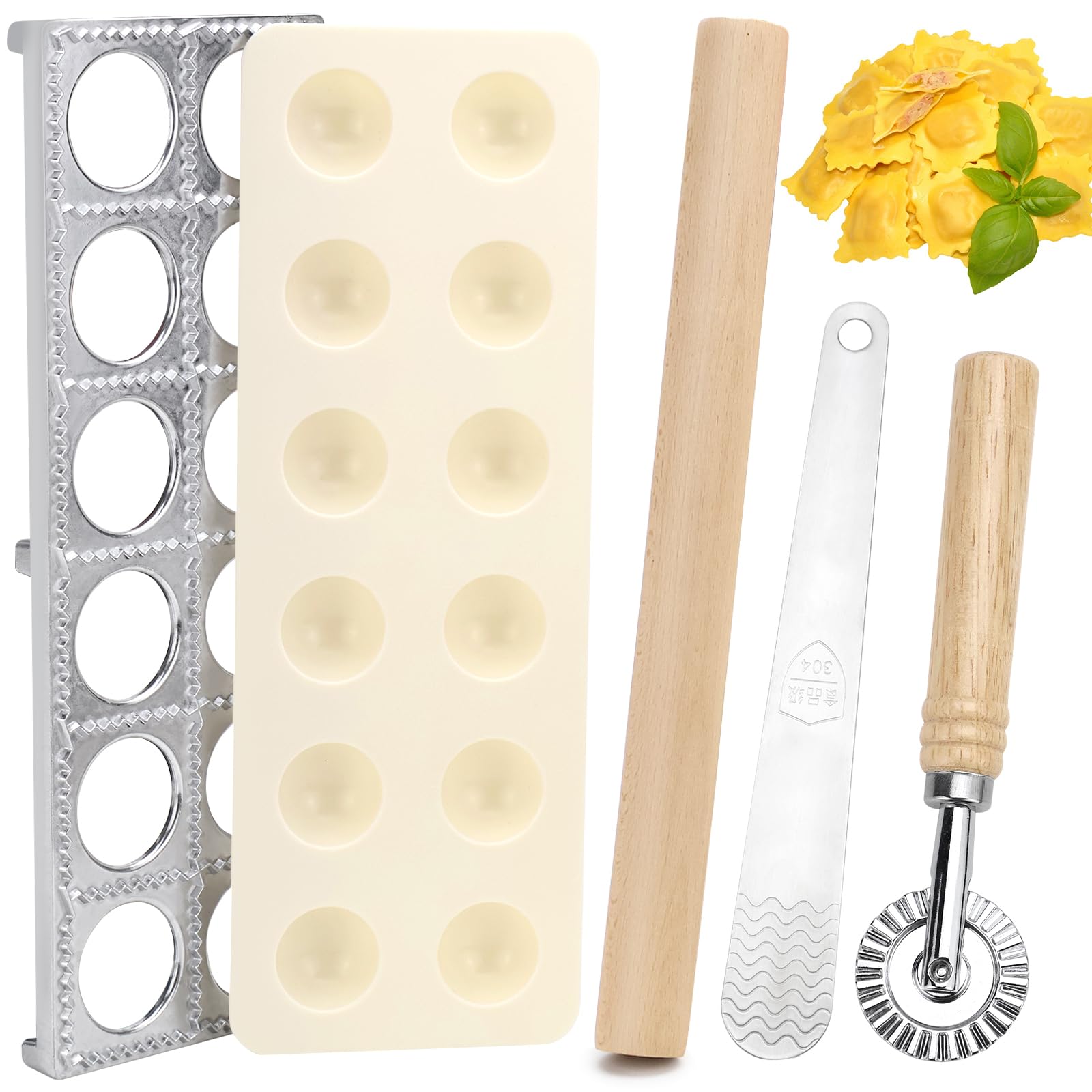 Ravioli Maker Set, Ravioli Former mit Nudelholz, Teigtaschenrad, Fleischspatel