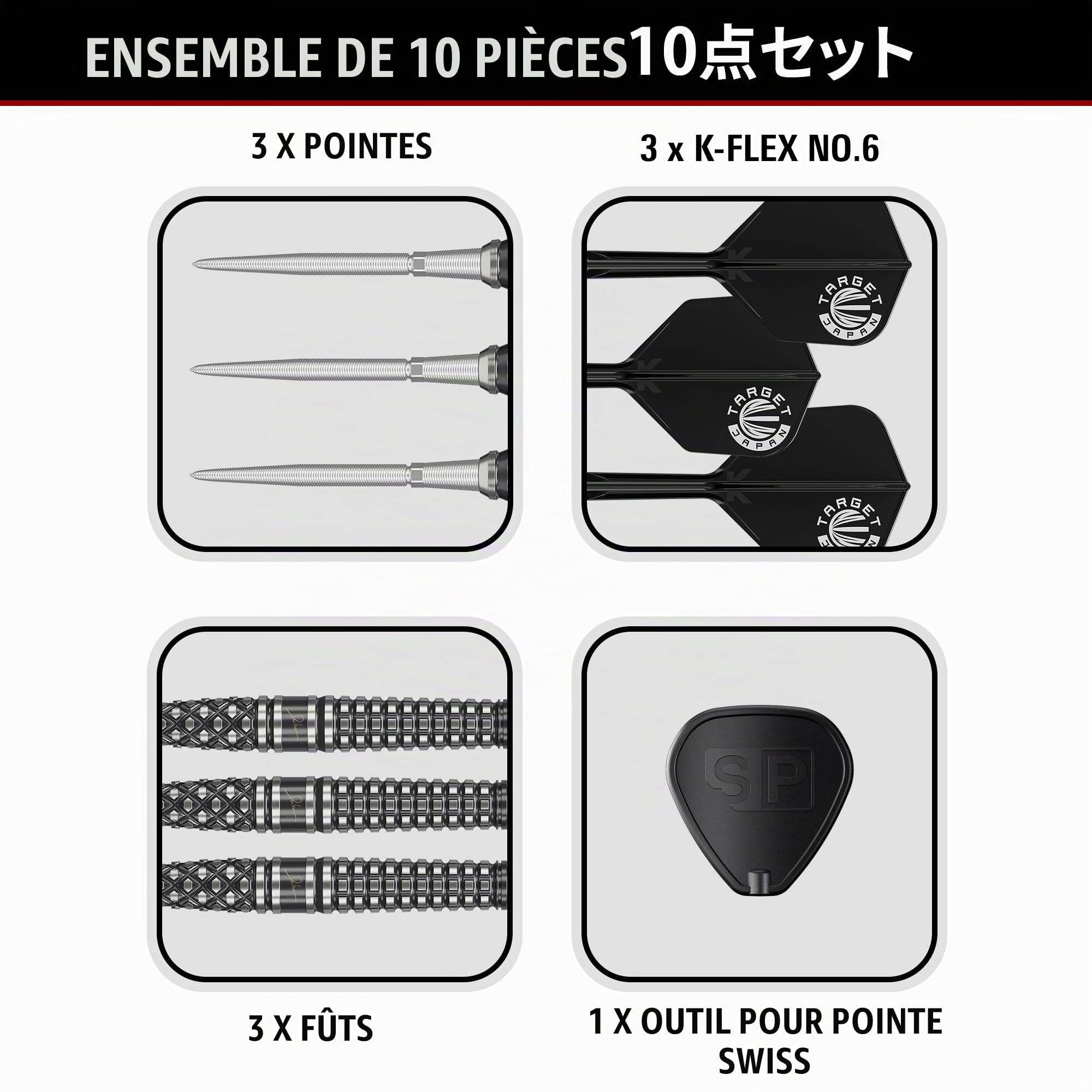 Target Japan Paul Lim G8 90% Tungsten K-Flex Swiss Point Ensemble de fléchettes à pointe d'acier, 24G | Vol de fléchettes KFlex, pointes nano Swiss Storm, pointes de fléchettes en acier noir et argent