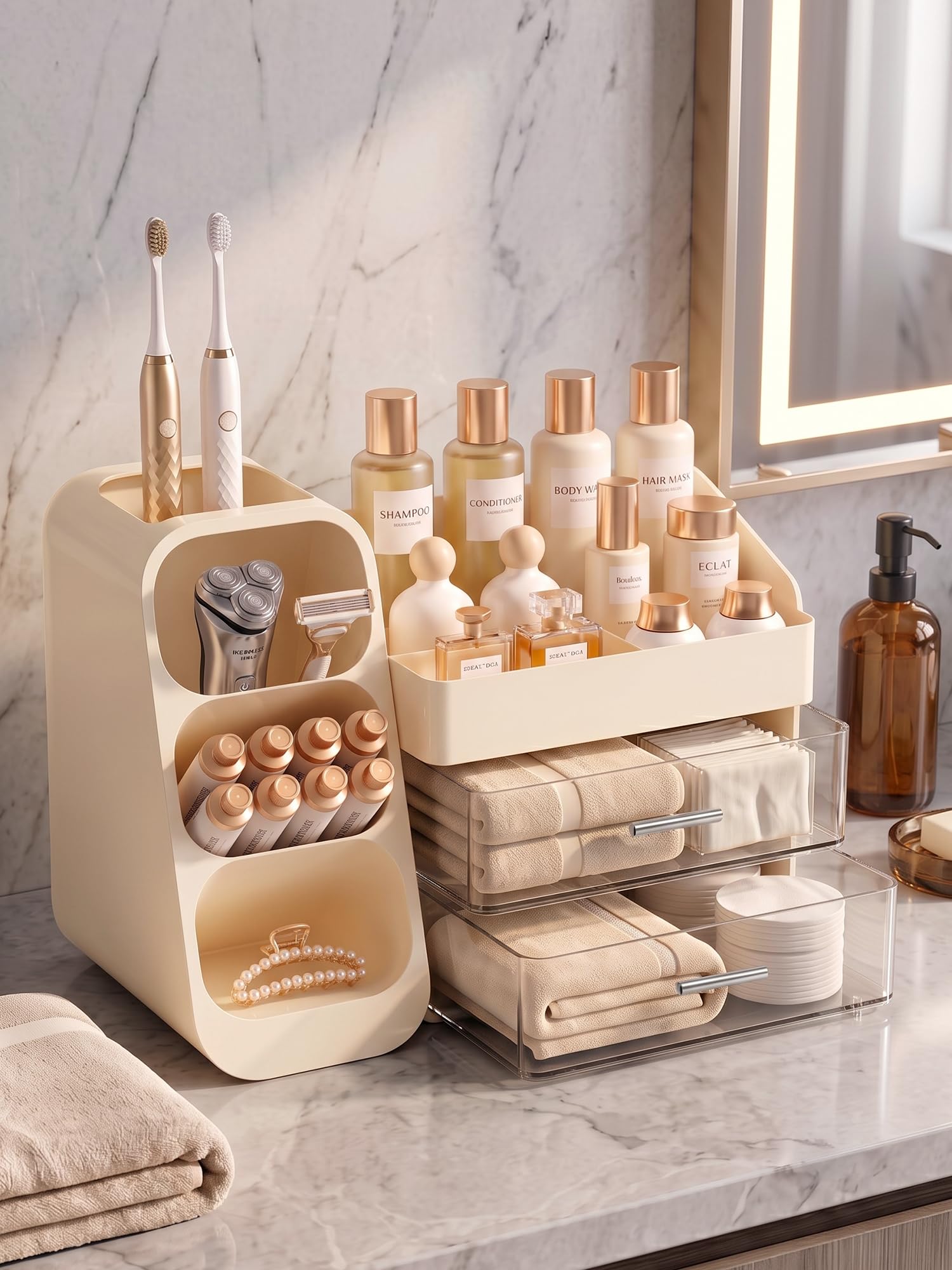 Booklov Large Makeup Organizer for Vanity Countertop, Cream 2