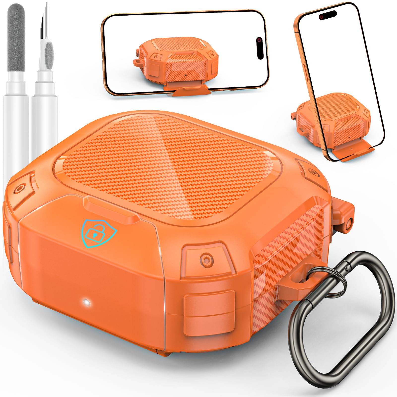 Photo 1 of [Upgrade Secure Lock] for Beats Powerbeats Fit Case Cover, LDSXAY Heavy Duty Hard Shell Shockproof Protective Cover for Powerbeats Fit 2025 Earbuds with Cleaner Kit & Carabiner (Orange)