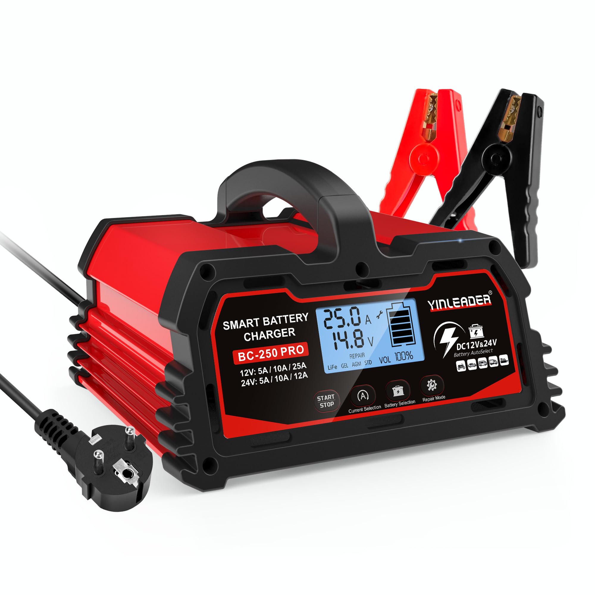 Yinleader Ładowarka samochodowa 25 A 12 V/24 V w pełni automatyczna inteligentna ładowarka samochodowa z wyświetlaczem LCD