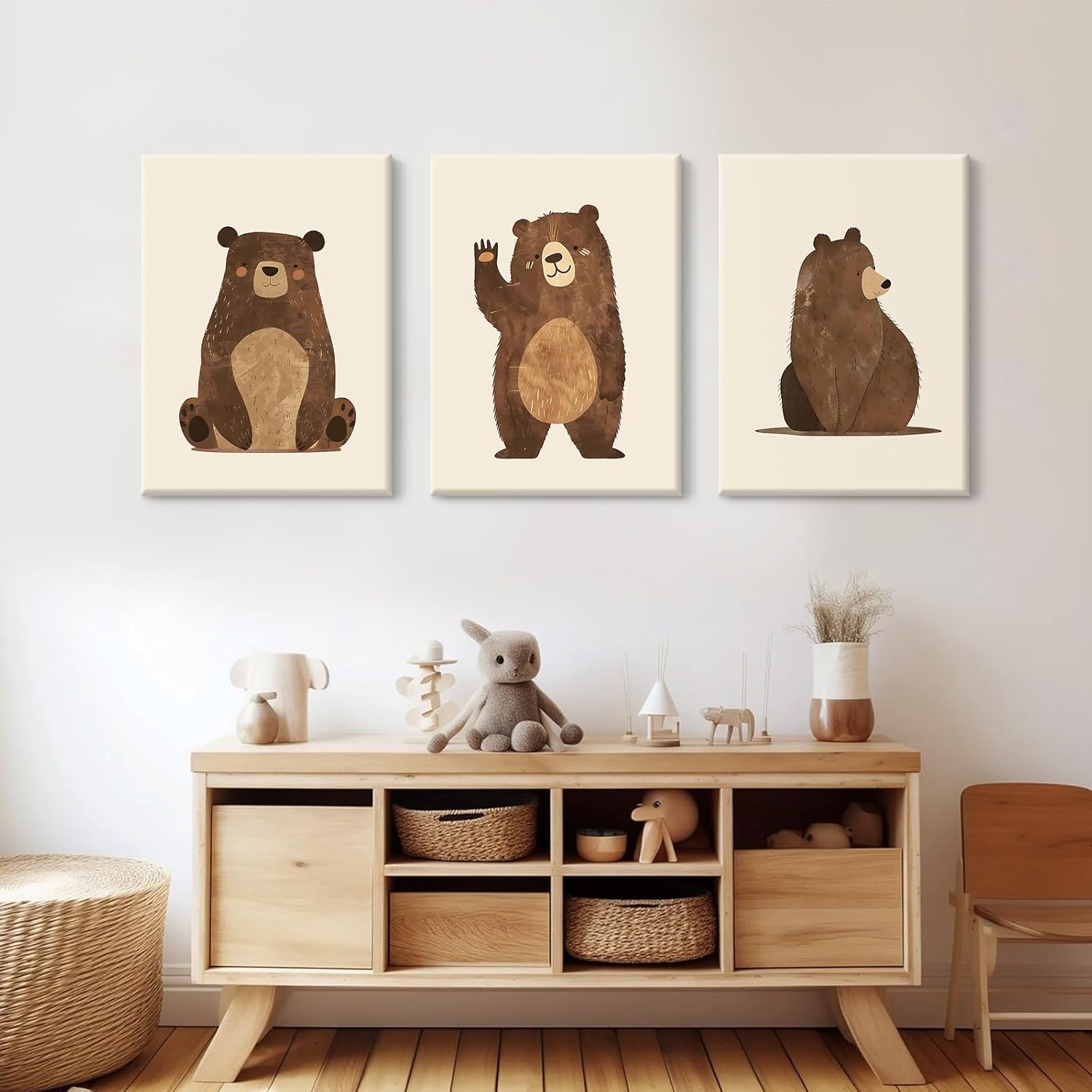 Nursery Wall Art Baby Canvas Pictures Bear Wall Decor Boys Room Prints Kids Poster Cute Animal Theme Pictures Woodland Bear Painting Neutral Children Artwork for Bedroom 12x16 Inch Ready to Hang