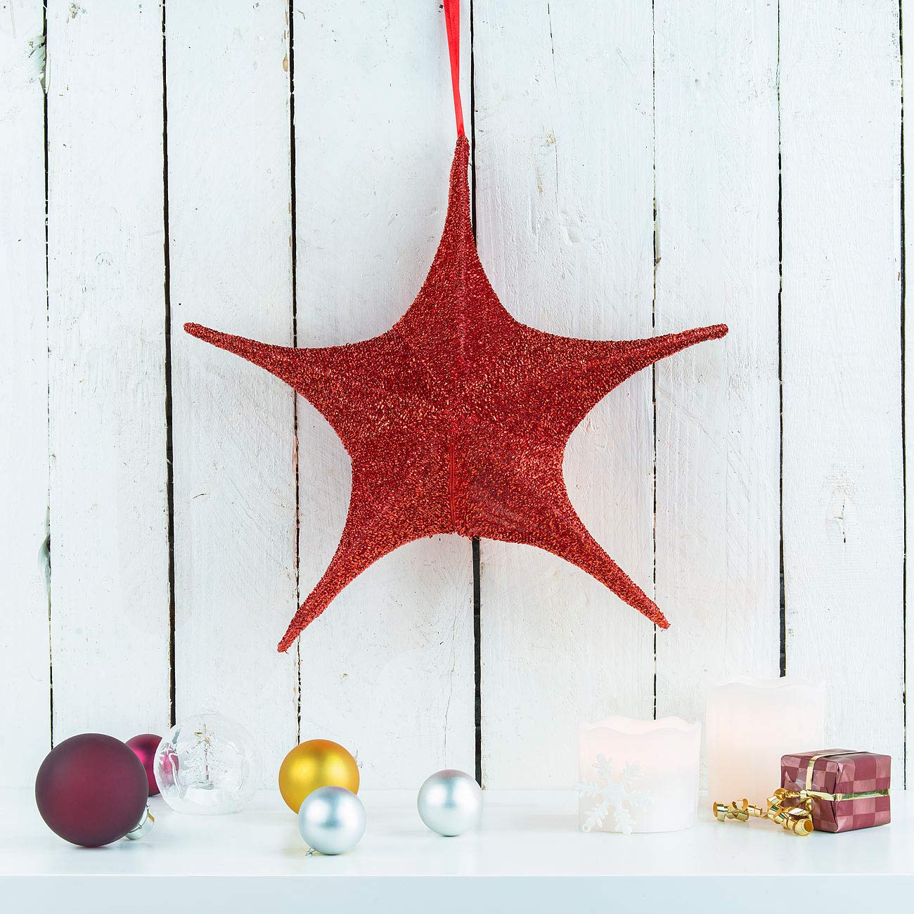 Weihnachtsstern: 4er-Set Faltbare Weihnachtssterne zum Aufhängen, rot glitzernd, Ø 40cm (zum Aufhängen, Weihnachtschmuck)