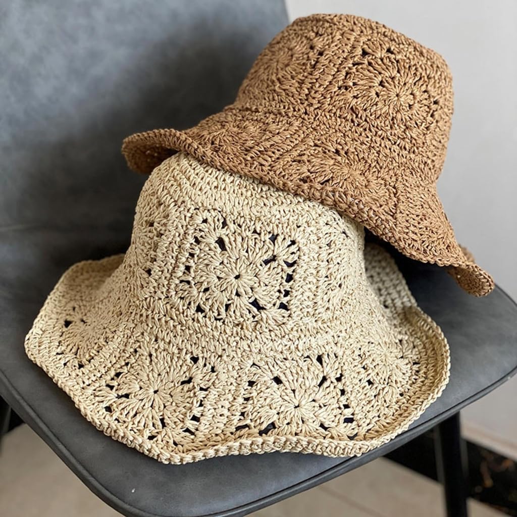 Handmade Straw Hat Crocheted Sunshade Bucket Hat for Women Dress-up Party Floppy Bucket Hat for Camping