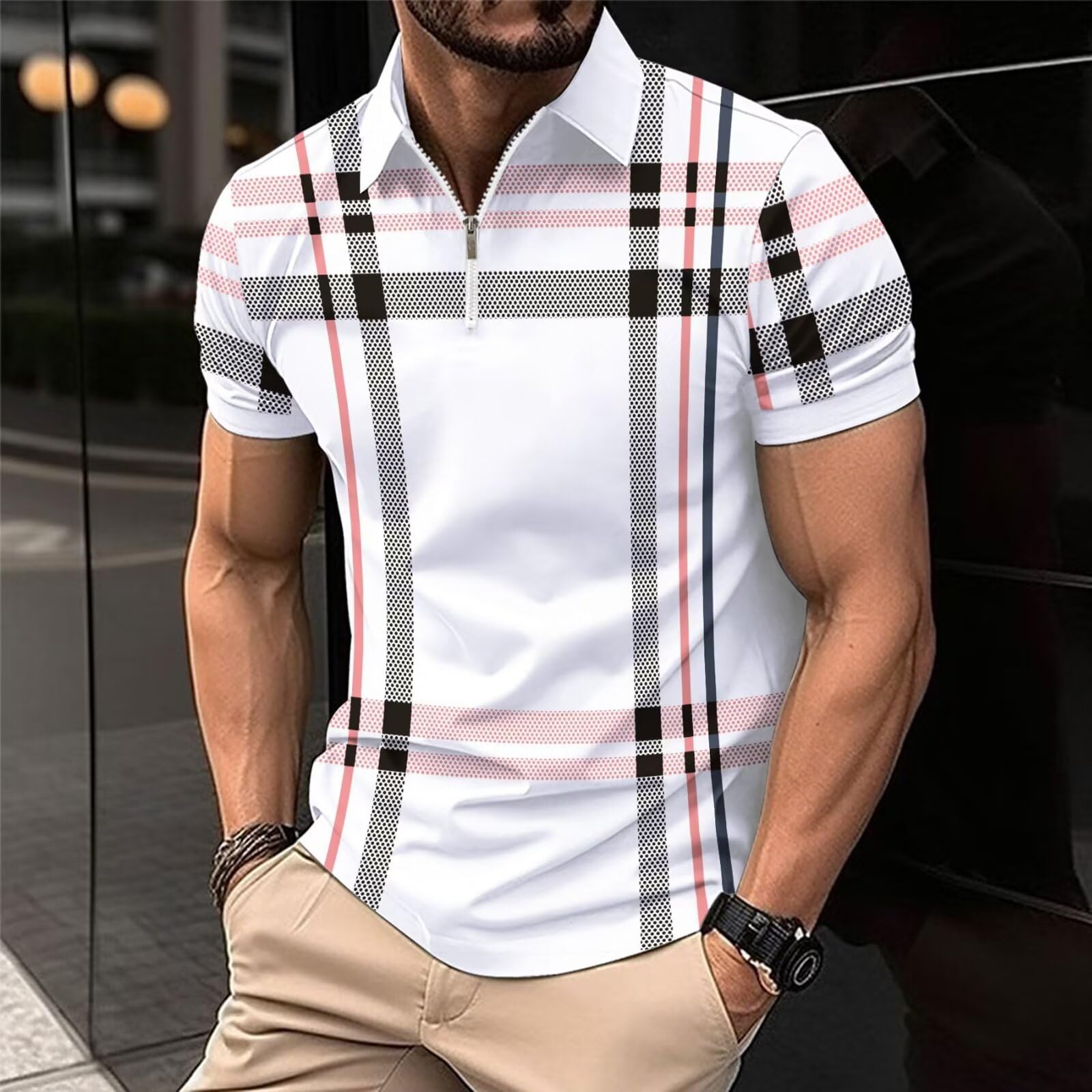 ROOMLINE L White Checkered Stripes Men's Polo Shirts 2025 Short Sleeve Casual Zip Polo T Shirt Color Block Slim Fit Golf Shirts with Pocket
