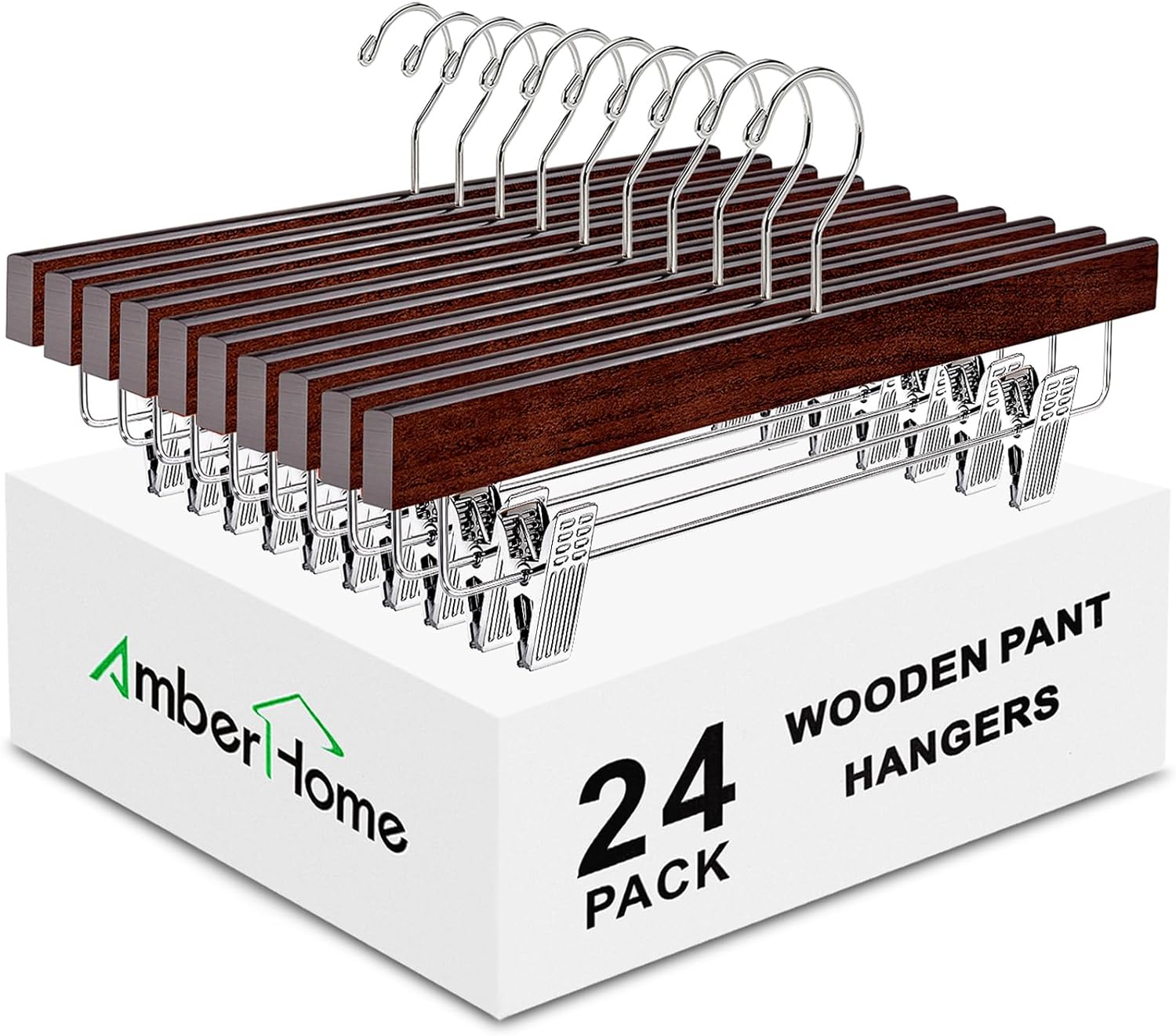 Amber Home 24 Pack Walnut Wooden Pants Hangers with Clips, 14" Wood Skirt & Trousers Hangers, Closet Hangers for Jeans, Slacks, Shorts, with 2-Adjustable Clips (Vintage, 24)