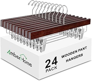 Amber Home 24 Pack Retro Wooden Pants Hangers with Clips, Walnut Wood Bottom Jeans Skirt Hanger, Clip Hanger for Trousers, Slacks, Shorts (Vintage, 24)