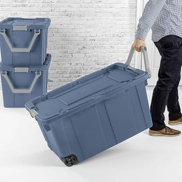 Storage Bin 40 Gallon Plastic Rolling Stacker Storage Box 160 Qt Wheeled Industrial Tote Tough Lidded Stackable Storage Container for Home, Garage, Blue Moonlight Base and Lid 2-pack