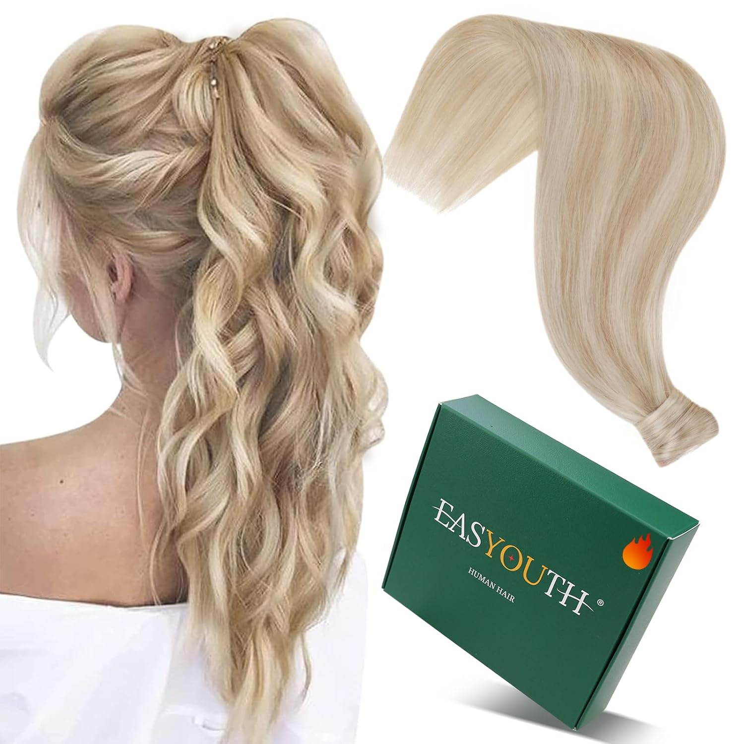 Easyouth Ponytail Extension Human Hair Blonde Highlight Ponytail Hair Extensions Golden Blonde Mixed Dark Ash Blonde Human Hair Ponytail Extension for Women 18 Inch 80g