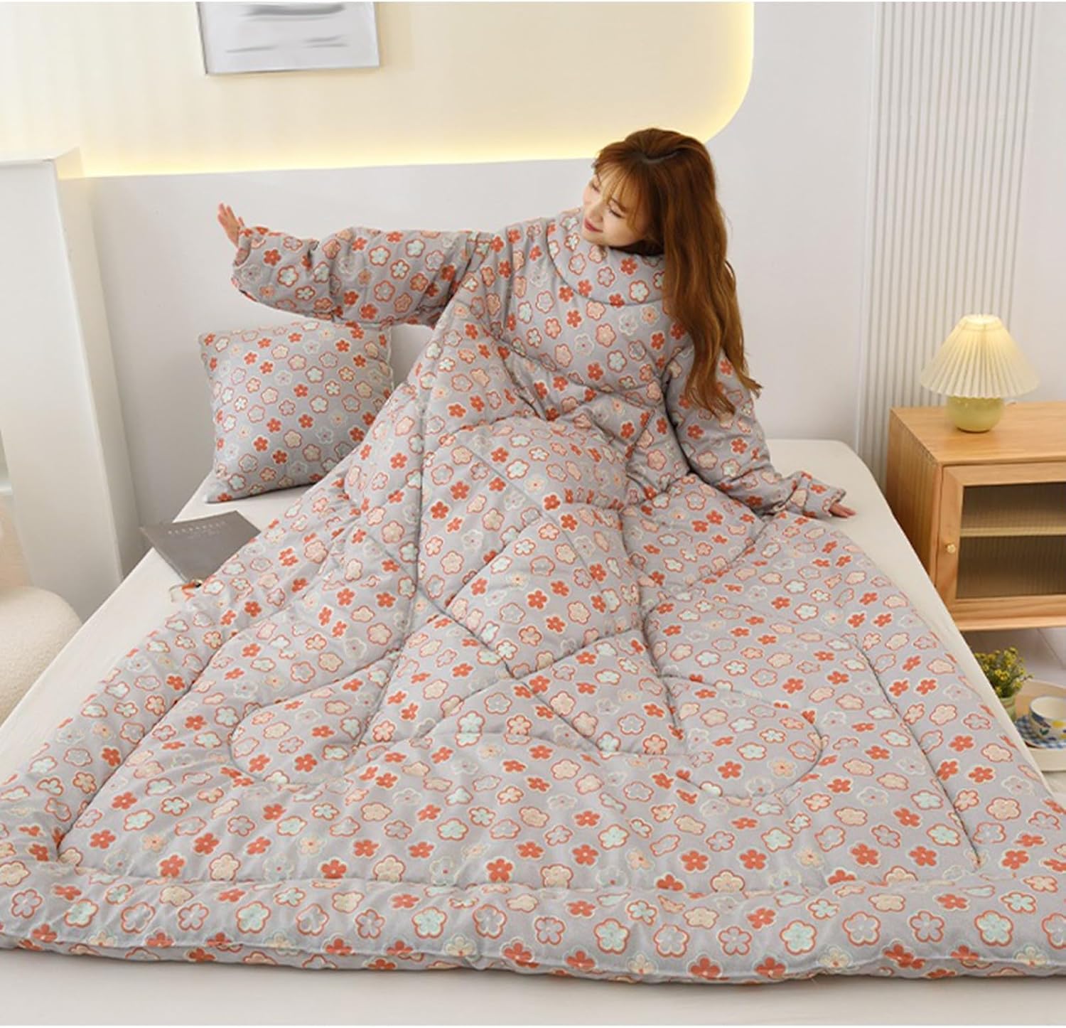 PEKJI Floral Lazy Quilt with Sleeves, Warm Flowers Comforter Winter Quilts Wearable Wrap Blanket Thickened, for Home Office Travel(Aldult 59"×79")