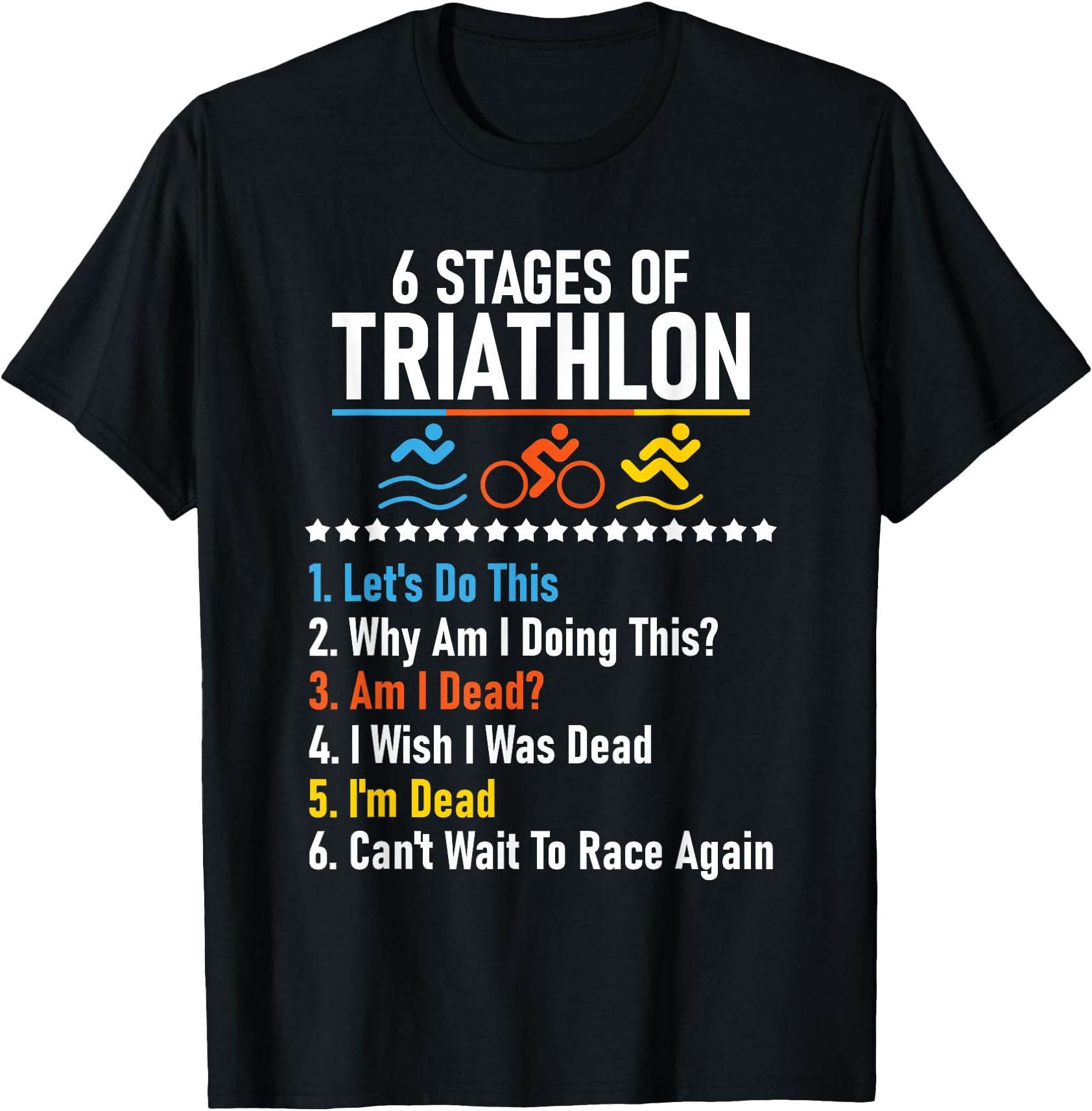 6 Stages of Triathlon - Athlete Running Swimming Bicycling T-Shirt