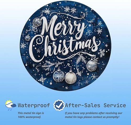 Miniatura 3 de Letrero redondo de hojalata con texto en inglés "Merry Christmas", adorno azul y plateado, letrero retro de aluminio para cocina, jardín, patio,