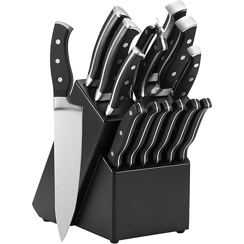 15-Piece Knife Set with Rubber Wood Block and Sharpener, Kitchen Knife Set with Steak Knives, Chef Knife, Bread Knife, Paring Knife, Kitchen Scissors, Sharpening Rod, High Carbon Stainless Steel