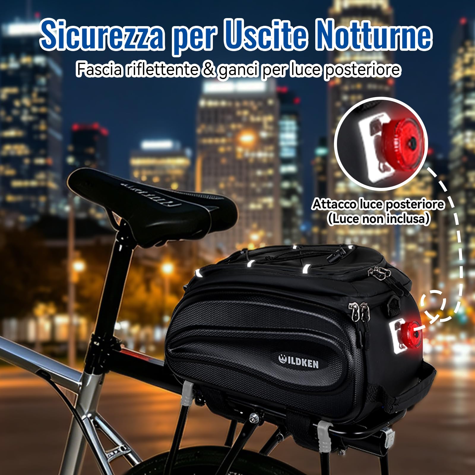 WILDKEN Borsa Portapacchi Bici Posteriore, 12L Nero Impermeabile e Riflettente Borse Portapacchi Bici, con Maniglia e Cinghia Regolabile, Borse per Bicicletta Posteriori per MTB, Bici da Strada