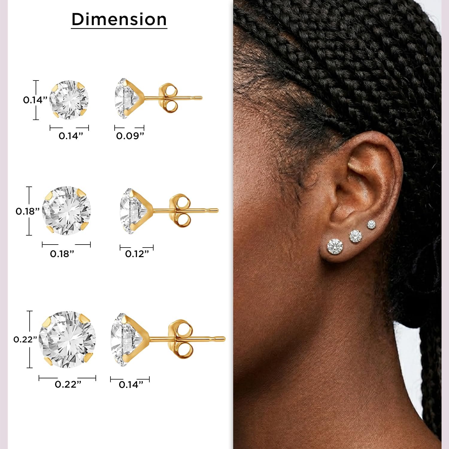 Jewelili 3 Pair 10K White/Yellow Gold Stud Earrings Set for Women For Sensitive Ears | Cubic Zirconia Earrings in 4MM, 5MM, 6MM Sizes | Dainty Gold Stud Push Back | Everyday Jewelry with Gift Box