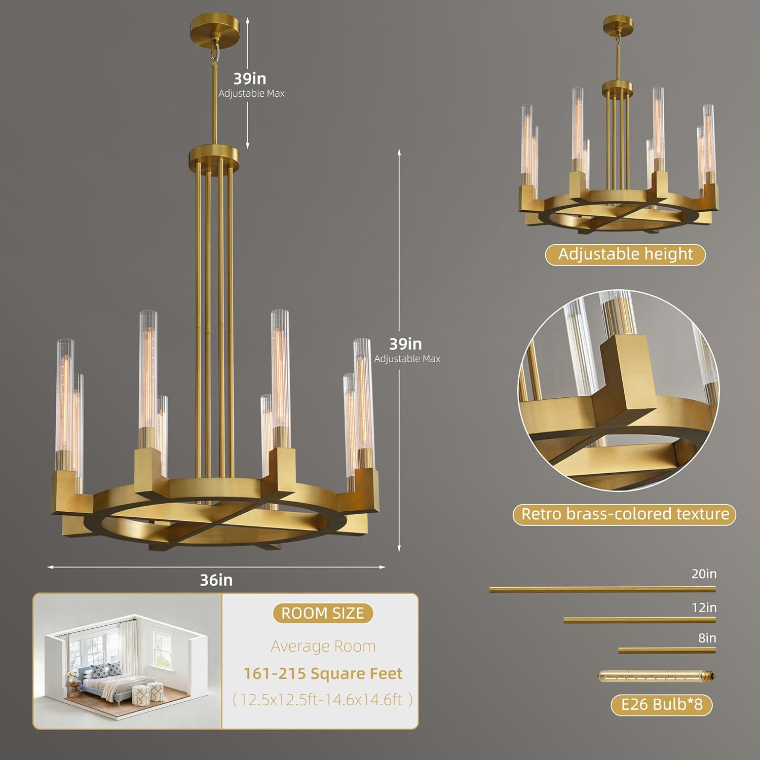 36" Gold Wagon Wheel Chandelier, 8-Light Vintage Brass Ceiling Light with Glass Tube Shades, Includes 40W 2200K Warm Bulbs, E26 Base, Adjustable 39" Rod for Dining Room, Living Room & Foyer