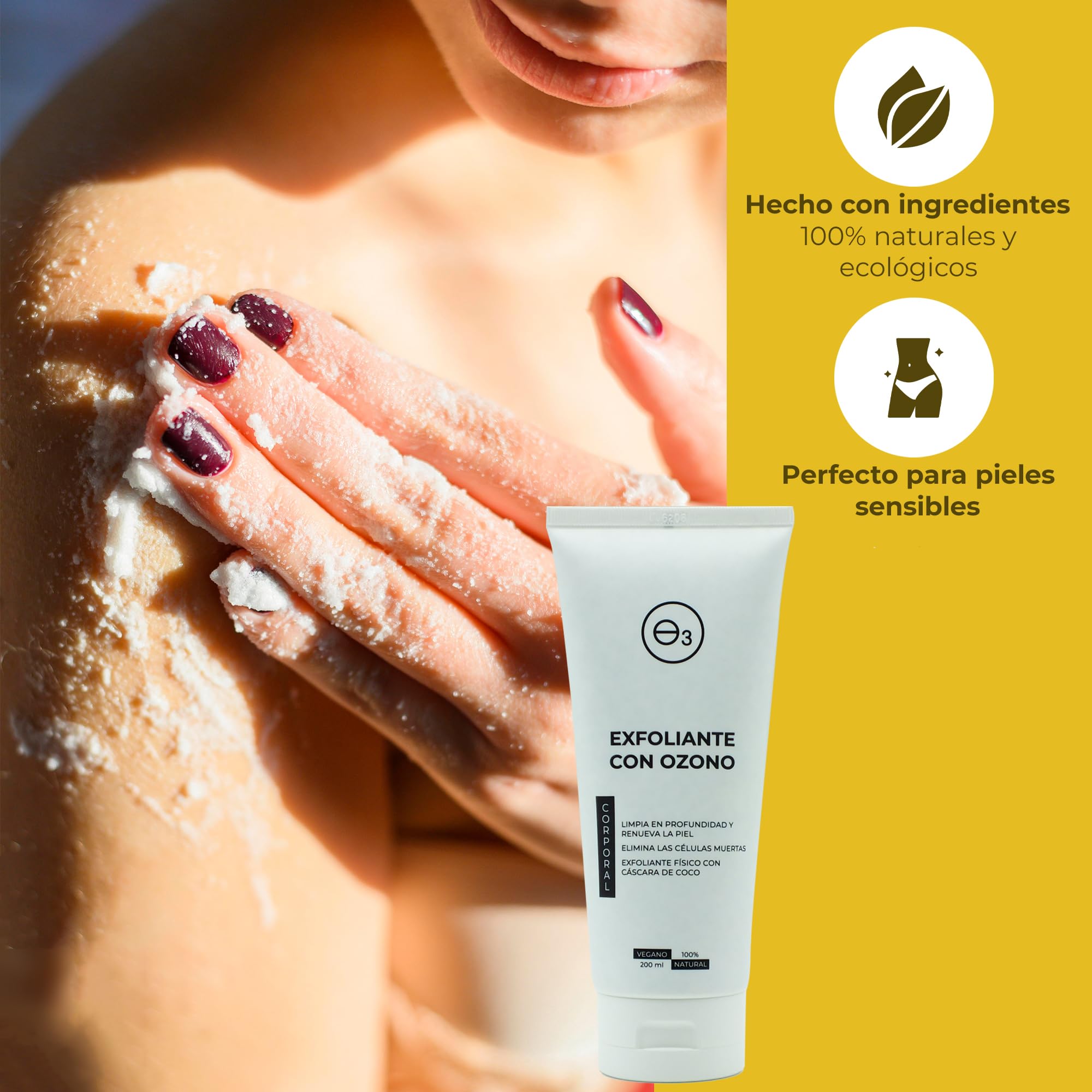 OZONO D'OR - Exfoliante Corporal con Ozono 100% Natural ECO., Trata la Piel Grasa Acné, Puntos Negros, Manchas, Poros Obstruidos | Peeling Corporal Elimina la Piel Muerta, Piel Sensible. 200 ml