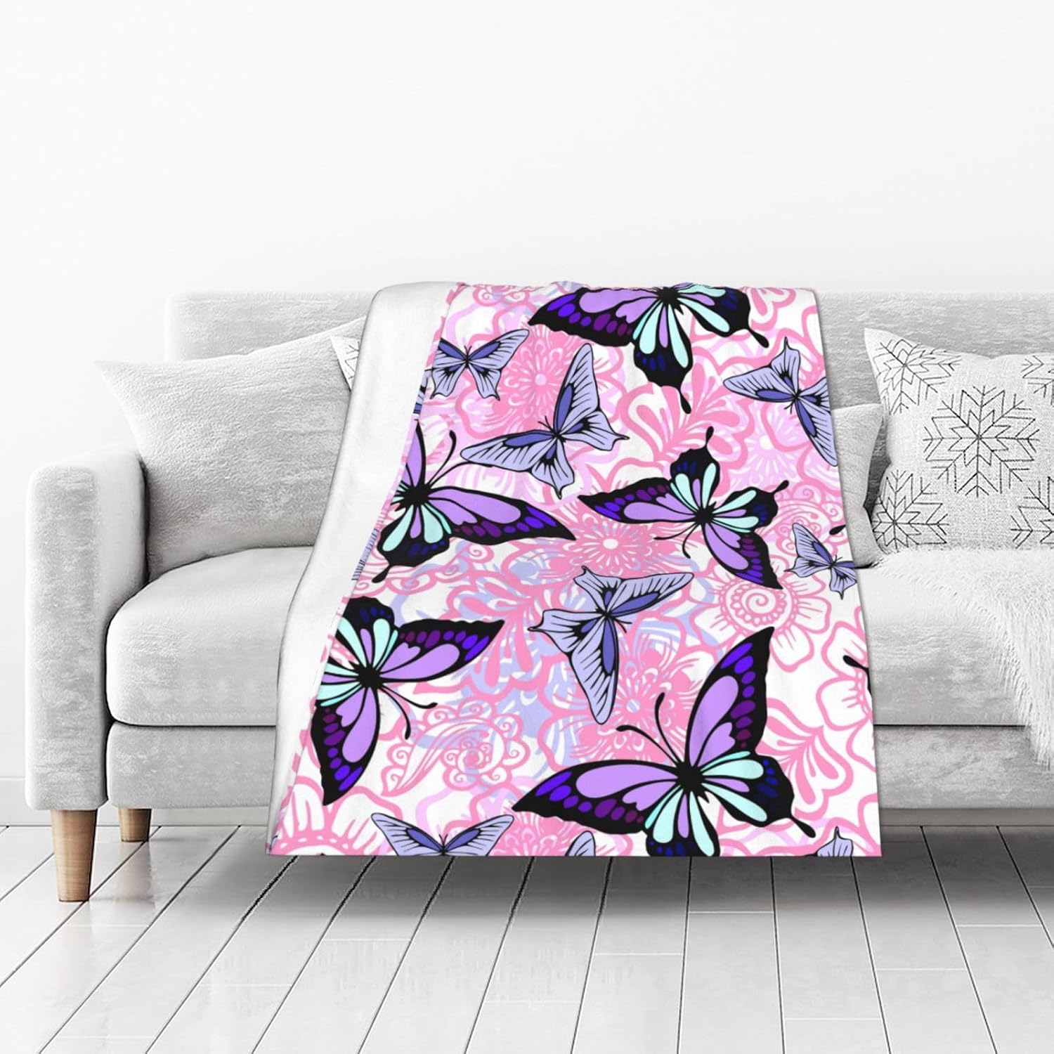 Pink Floral Purple Butterfly Blanket, Soft Blankets Flannel Bed Throw Cozy Lightweight Plush Gifts for Girls Women Sofa Couch Bedroom Living Rooms Warm All Season, Home Decor, Small 50"x40" - Image 4