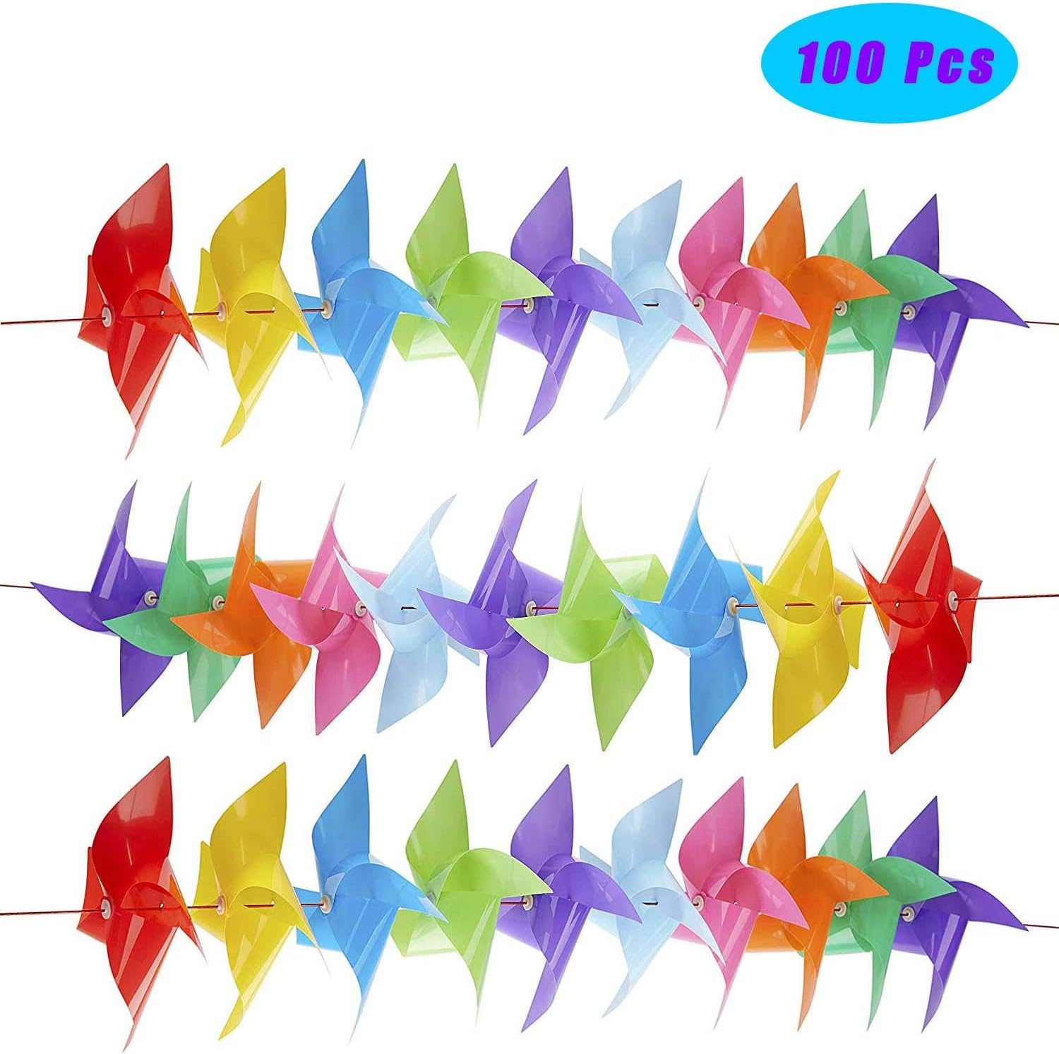 9.5" Rainbow Plastic Wind Spinners Outdoor Hanging Yard Decorations Pinwheels Lawn Ornaments DIY Windmill Waterproof Patio Kinetic Art Garden Decor (Pack of 100)