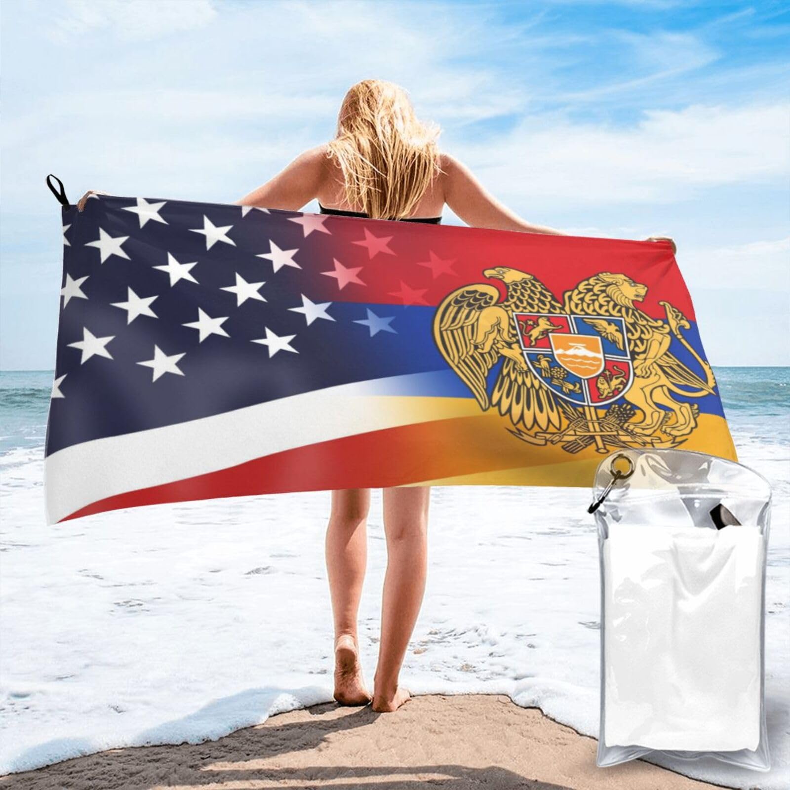 HACXZ Funny America Flag and Armenian America Flag Absorbent Beach Towel Microfiber Beach Shower Towel 31.5"X63"
