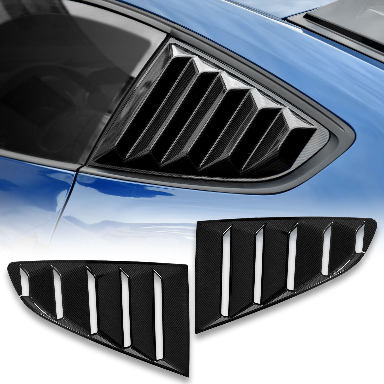 Rear Side Window Louvers Windshield Sun Shade ABS Window Cover Vent for Ford Mustang 2015-2022 Black Carbon Fiber Pattern, 2pcs