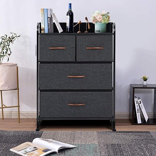 Miniatura 2 de HOMHUM Cómoda de 4 cajones cómoda de tela con mango de madera marrón marco de acero resistente parte superior de madera para dormitorio sala de