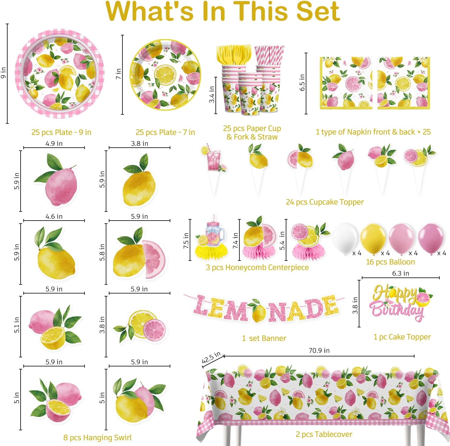 205pcs Pink Lemonade Party Decorations-serves 25, All-in-one Lemon Party Decorations with 350gsm Plate , Cake Topper, Tablecloth, Centerpiece, Banner, Balloon