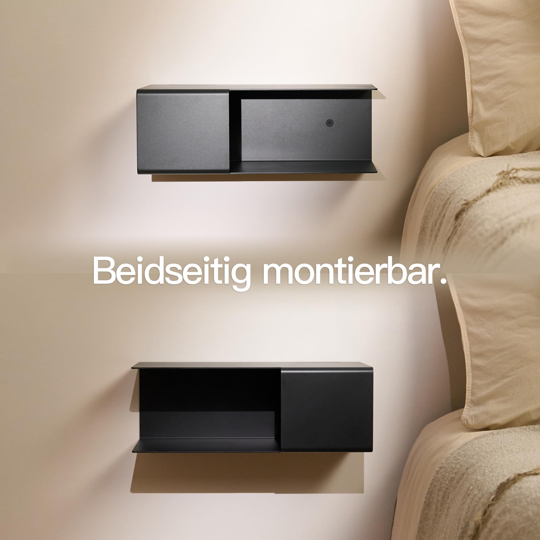 Designfabrik Hamburg | Schwebender Nachttisch aus Metall | Hängender Nachtschrank mit versteckter Ablage und Kabelführung | schmaler Wand Nachttisch fürs Schlafzimmer | Modernes Design | 1x Schwarz