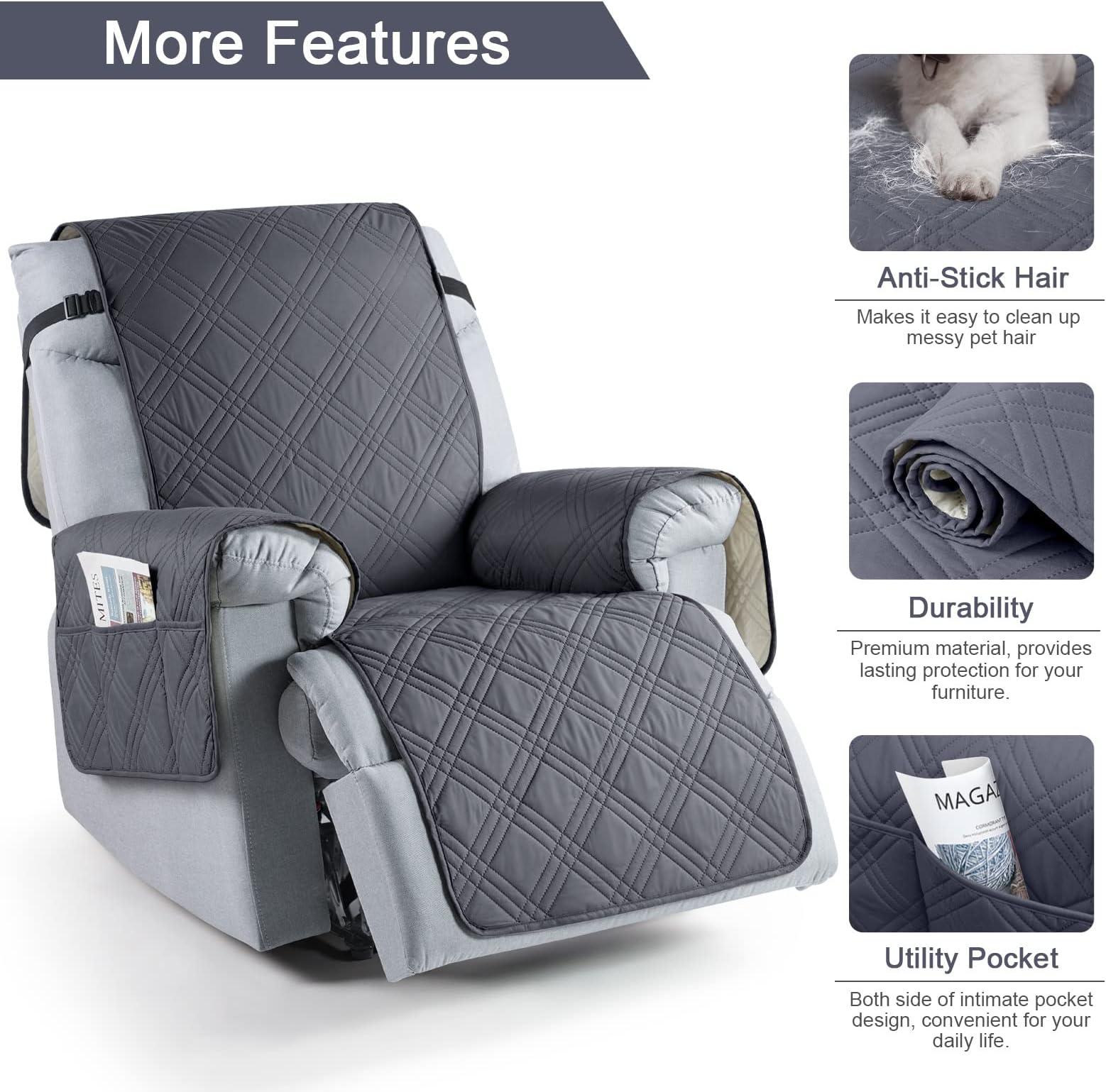 TAOCOCO 100% Waterproof Recliner Chair Cover, Non Slip Recliner Covers for Recliner Chair with Pocket, Washable Reclining Chair Cover Furniture Protector for Kids, Pets(Recliner Chair, Dark Grey)