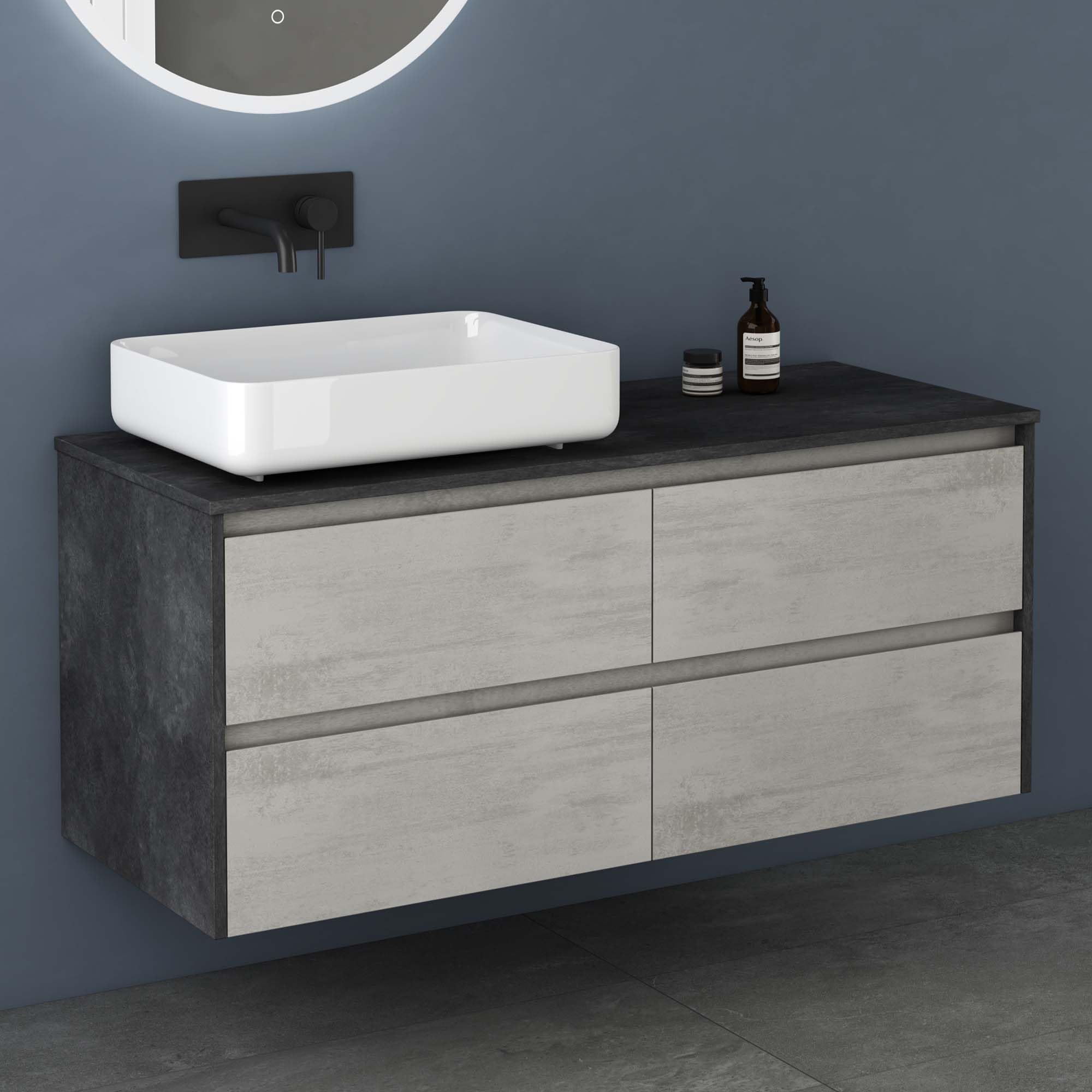 doporro Mobile Bagno Sospeso 120 cm Naturale Chiaro, Mobiletto Sottolavabo con Lavabo da Appoggio in Marmoresina Bianco e 4 Cassetti Soft Close, Mobili Arredo Bagno Spazioso Normal