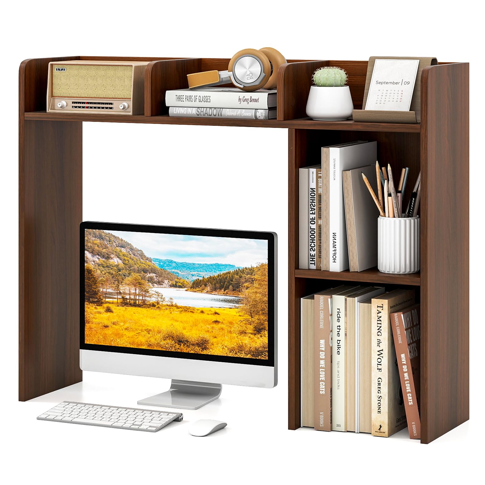 Tangkula Desktop Bookshelf, Countertop Storage Hutch with Shelves for Computer Desk, Desk 3-Tier Display Rack, Multipurpose Wood Desktop Hutch Storage Organizer for Dorm Office (Walnut)