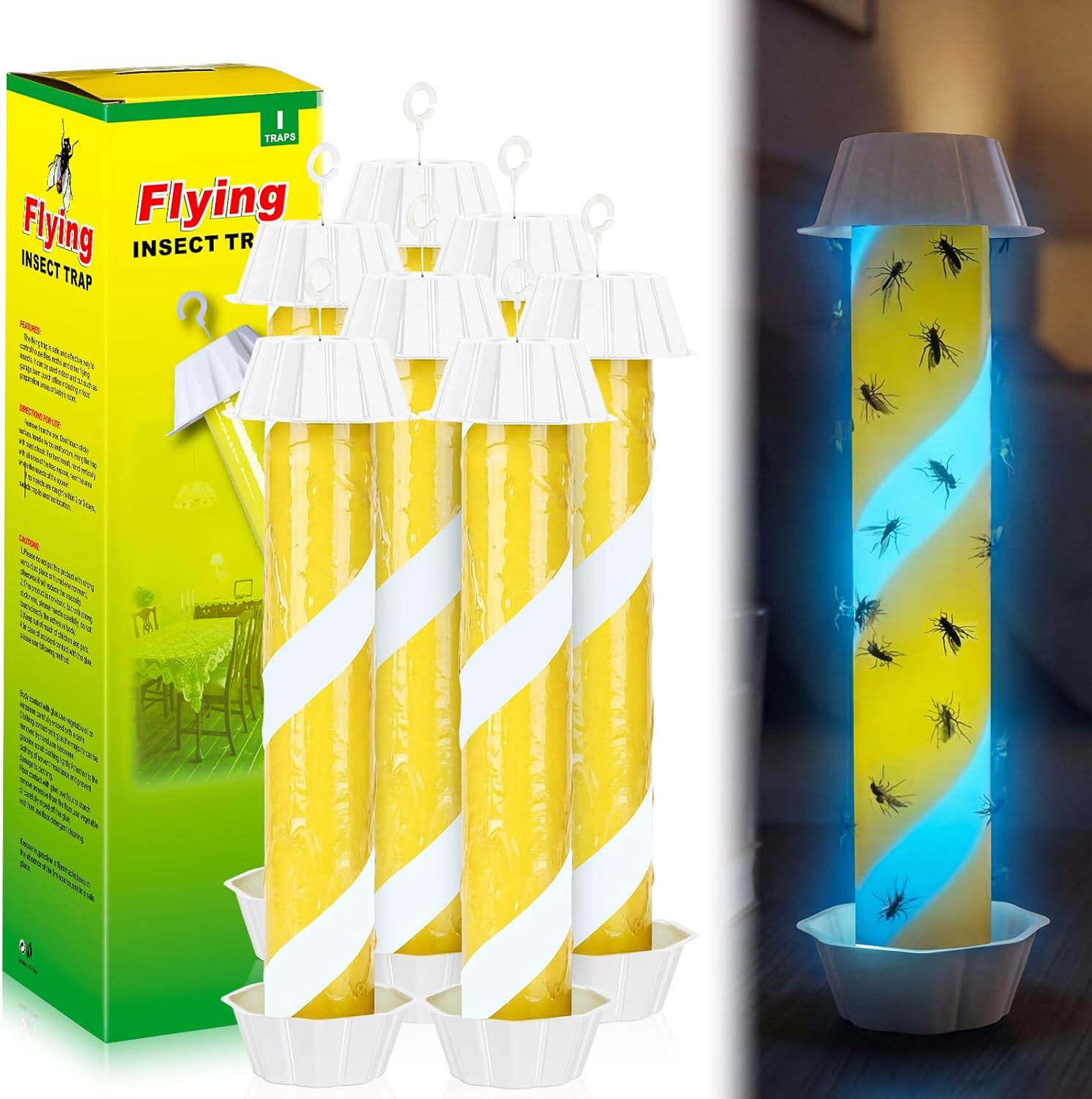 8 Pack Glow in the Dark Fly Sticks Outdoor & Indoor Sticky Fly Traps with Blue Fluorescent Night Attraction Light-Absorbing UV for Mosquitoes Flies Waterproof Hanging Catcher (White)