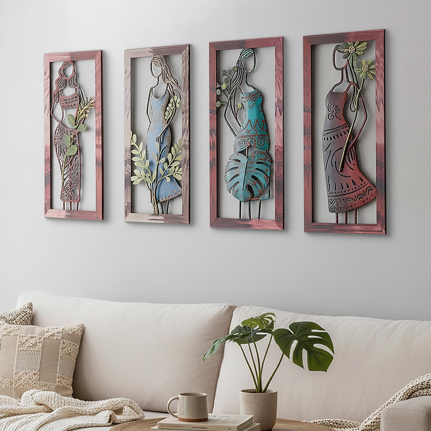Newinhome 4 Pack Boho Metal Wall Art, 3D Boho Metal Abstract Women Wall Art Modern Abstract Female Art, Living Room Decor Bohemia Room Decor for Bedroom Bathroom Living Room, Housewarming Gift